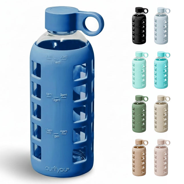 Purifyou 40/32/22/12 Oz Borosilicate Glass Water Bottles with Volume Markers, Si
