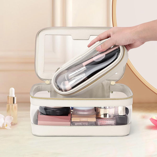 Travel Clear Makeup Bag with Makeup Brush Bag, Leather Make up Case Toiletry Bag, Portable Cosmetic Bag Case, Transparent Waterproof Cosmetic