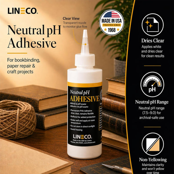 Lineco Neutral pH Adhesive, Acid Free All-purpose Glue, White, 8 OZ, 1 Pack | Dries Clear, Remains Flexible, Used for Bookbinding and Book Repair,