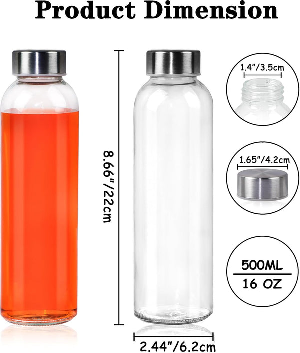 GUANENA 12 Pack Glass Water Bottles, 16oz Clear Glass Bottles with Stainless Steel Lids, Reusable Glass Drink Bottles with Caps for Juicing,