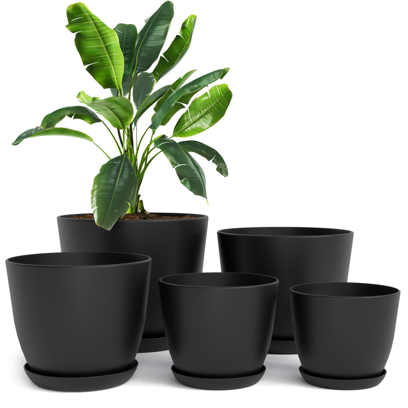 Plant Pots Indoor with Drainage, 5 Pack Multi-Size Planters Set, Black Pack of 5 Black