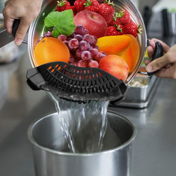 AUOON Clip On Strainer Silicone for All Pots, Standard 8.86 x 3.55in, Black | Food-grade BPA-free, Fits Pots Pans Bowls, Dishwasher Safe, for
