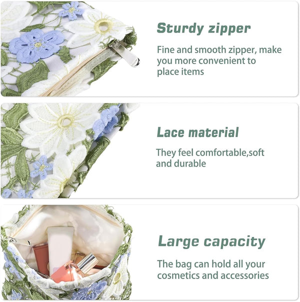 URSKYTOUS Flower Makeup Bags Travel Large Floral Cosmetic Bag for Women Cute Makeup Pouch Zippered Portable Toiletry Bag Lace Trendy Aesthetic