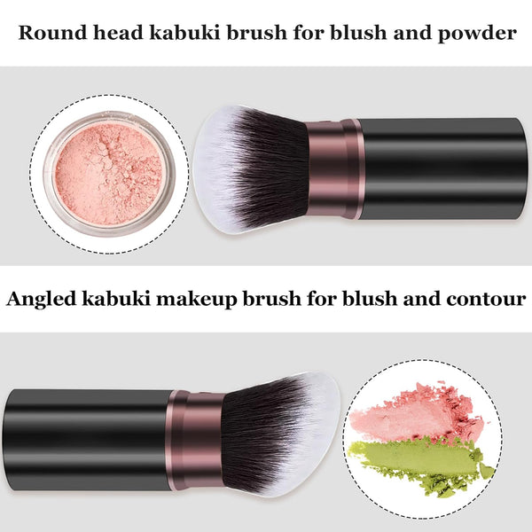 Retractable Kabuki Makeup Brush, 2 Pack Travel Powder Foundation Makeup Brush Face Blush Brushes for Blending Liquid, Blush, Bronzer, Buffing,