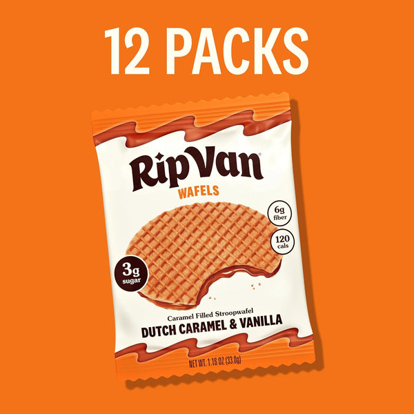 Rip Van Wafels Dutch Caramel & Vanilla Stroopwafels, Healthy Snacks, Non-GMO, Low Calorie, Low Sugar (3g), Office Snacks, Keto Friendly, 12 Count
