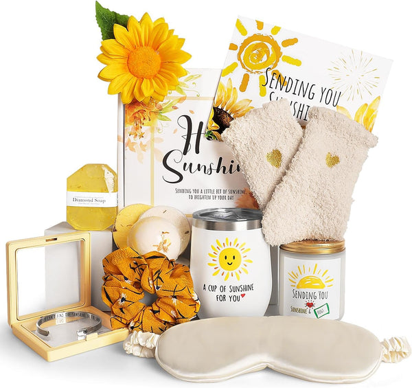Birthday Gifts for Women, Sending Sunshine Christmas Gifts, Get Well Soon Gifts Basket Care Package Unique Spa Gifts Box with Wine Glasses for