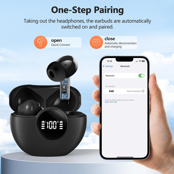 Wireless Earbuds 2025 NEW Bluetooth 5.4 Headphones Bass 3D Stereo, In-Ear Earphones with 4 ENC Noise Cancelling Mic, 48H Playtime with LED