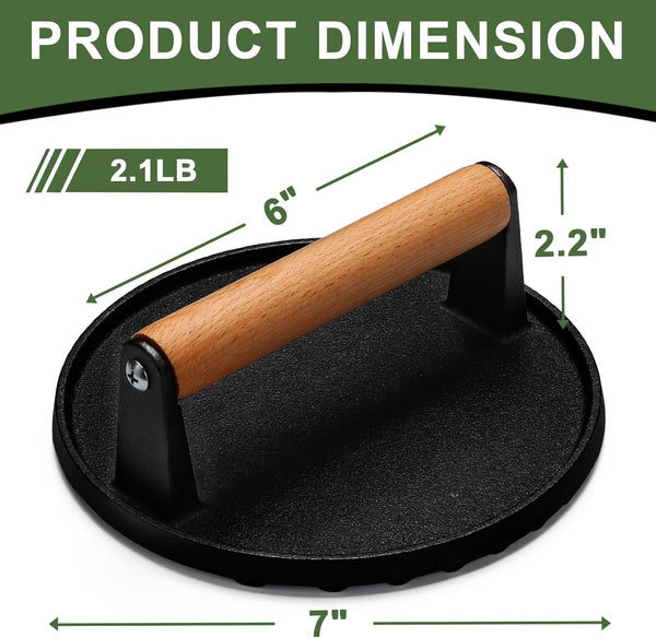 EWFEN Burger Press, 7" Round Heavy-Duty Cast Iron Smash Bacon Press Meat Steak with Wood Handle for Griddle, Sandwich, Nonstick Pan