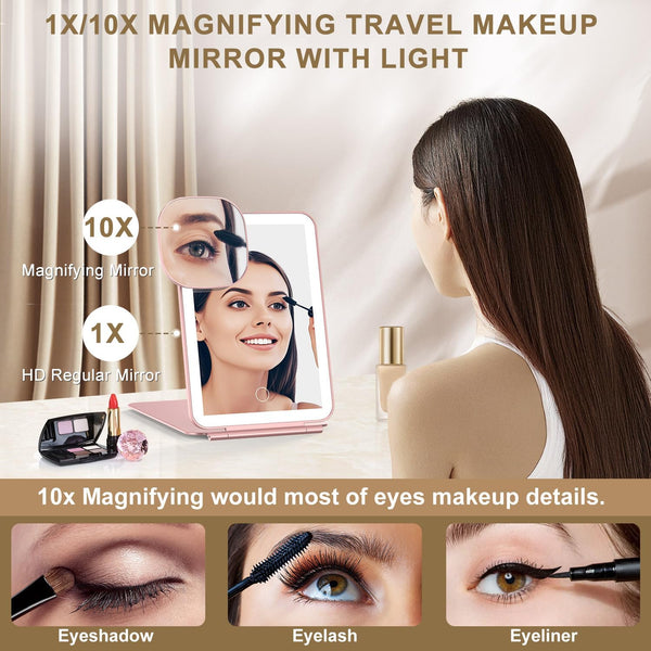 LED Foldable Travel Makeup Mirror - 5X7 Inches 3 Colors Light Modes USB Rechargeable Touch Screen, Portable Tabletop Cosmetic for Travel,