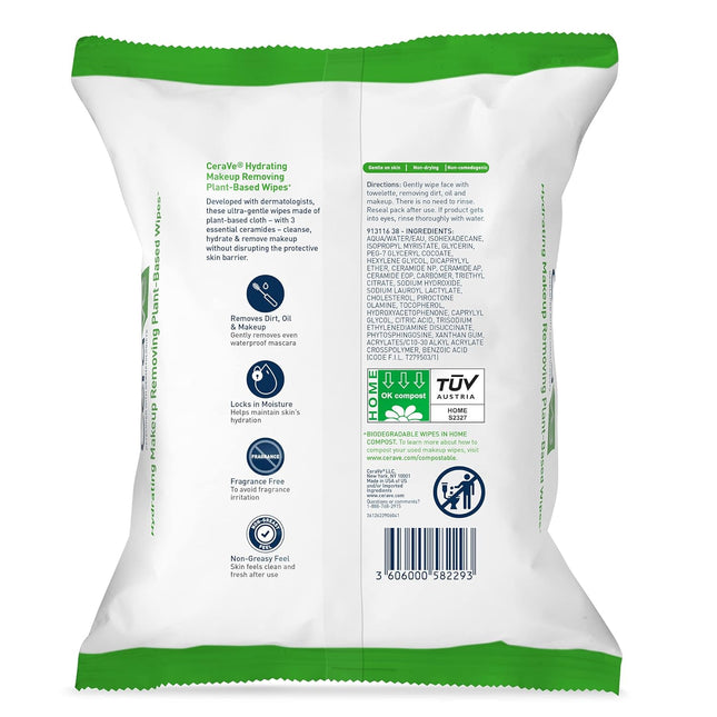 Cerave Hydrating Facial Cleansing Makeup Remover Wipes, Plant Based Face Wipes, 
