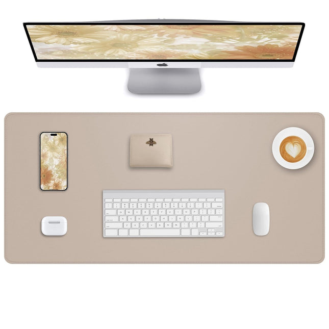 Leather Desk Pad Protector, Beige, 31.5" x 15.7"，Office Desk Mat Beige 31.5" x 1