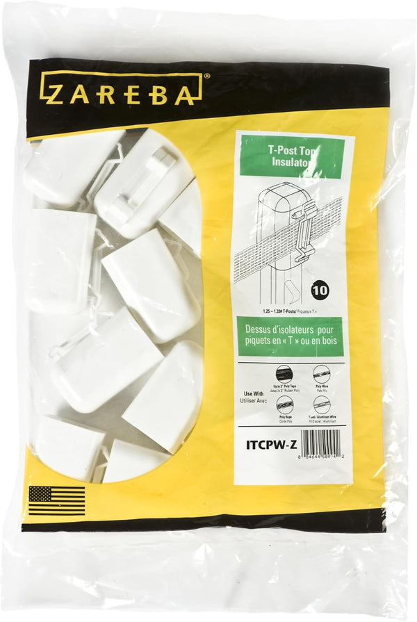 Zareba ITCPW-Z T-Post Safety Cap and Insulator, White, 10 Per Bag - Electric Fencing T-Post Insulator & Safety Cap
