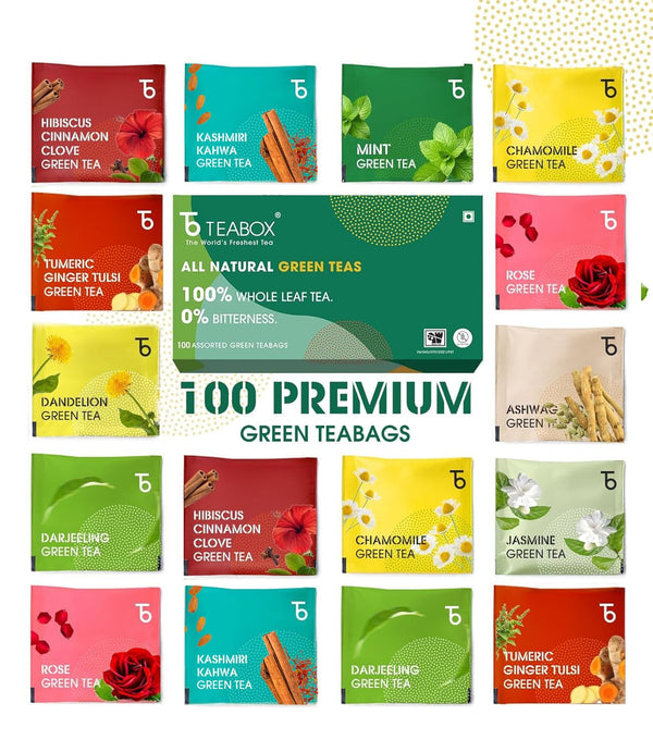 Teabox Green Tea Sampler Bags | 100% Natural I Immunity Boosting Sampler Pack | USDA Certified Organic Green Tea (100 Count (Pack of 1))