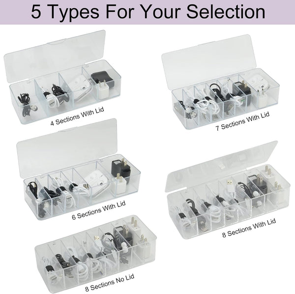 Electronics Organizer 7 Sections Clear Acrylic Cable Storage Bin Box Cord Holder with 20 PCS Reusable Fastening Fabric Cable Ties Straps Cord