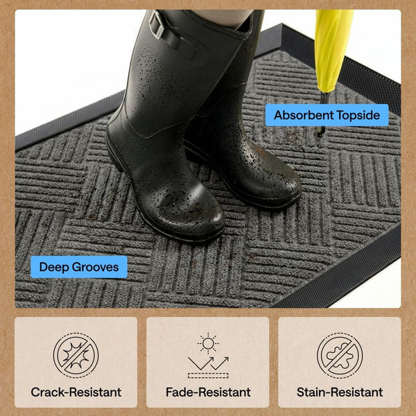 GORILLA GRIP 100% Waterproof All-Season WeatherMAX Doormat US Designed Natural Rubber, Stain Fade Resistant, Low Profile Indoor Outdoor Door Mats,
