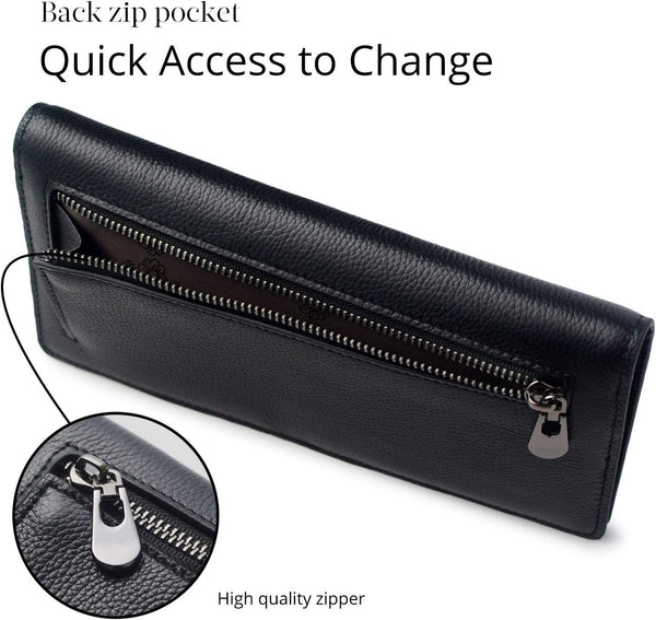 Bveyzi Ultra Slim Thin Leather RFID Blocking Credit Card Holder Bifold Clutch Wallets for Women Black Leather