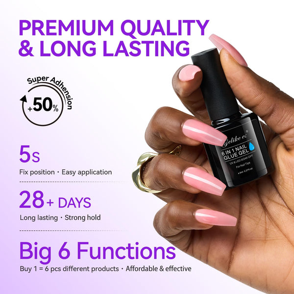 Gelike EC 6-in-1 Jelly Nail Glue Gel: Sheer Blush Pink UV Rubber Base Builder Gel for Apex Building & Short Extension – Extra Strong Adhesive for