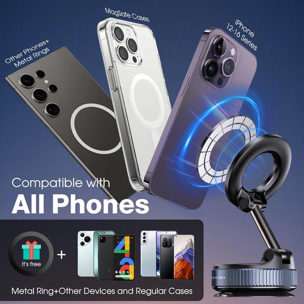 360° Rotatable Vacuum Magnetic Phone Holder, Foldable and Retractable Suction Cup Car Phone Mount for Car/Gym/Mirror/Smooth Surface, Compatible