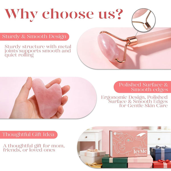 BAIMEI IcyMe Rose Quartz Roller & Gua Sha Facial Tool Set for Depuffing | Cooling Face Roller for Lymphatic Massage,Sculpting Tool for Face, Eyes