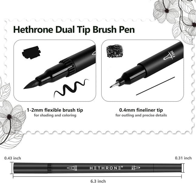 Hethrone Black Markers for Drawing - Brush Pens with Felt Tips for Artists - Cal
