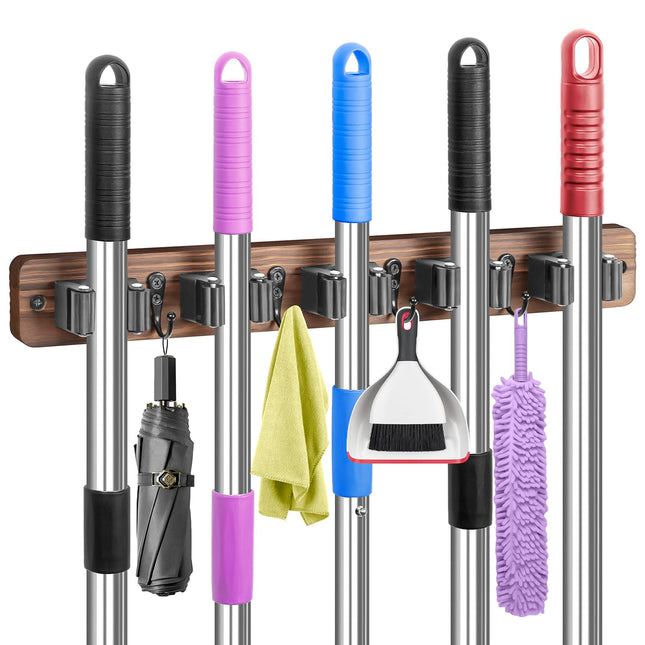 IMILLET Broom Holder Wall Mount, Rustic Wood Broom Hanger with 5 Racks and 4 Hooks, Laundry Room Organization and Storag