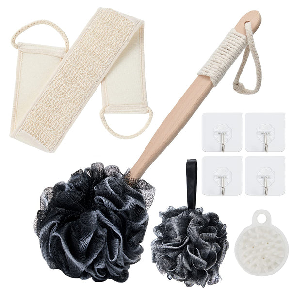 8Pack Bath Brush Set -Shower Loofah Sponge with Long Handled,Natural Loofah Exfoliating Back Scrubber for Shower, Luffa Pouf,Scalp Massager and 4