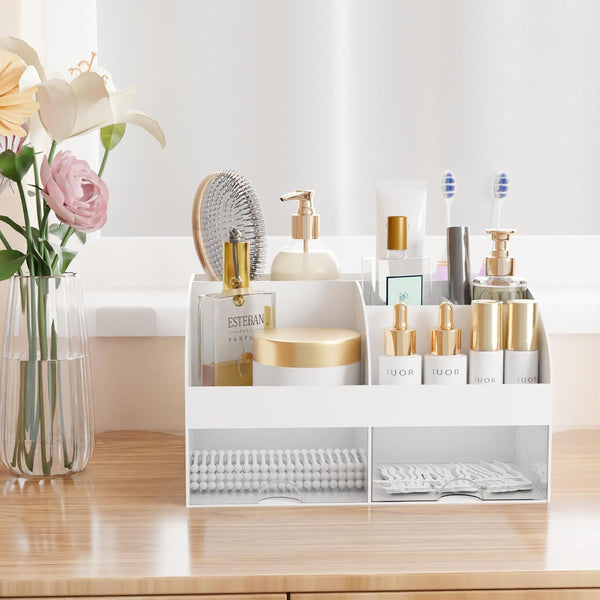 Makeup Organizer with Drawers, Cosmetic Storage for Dresser Vanity and Bathroom Countertop, Beauty Holder for Lipstick Brush, Skincare Organizer