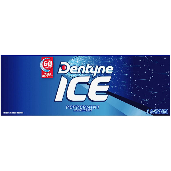 Dentyne Ice Peppermint Sugar Free Gum, 9 Packs of 16 Pieces (144 Pieces) | Chewing Gum, Perfect for Long Lasting Fresh Breath at School, Work &