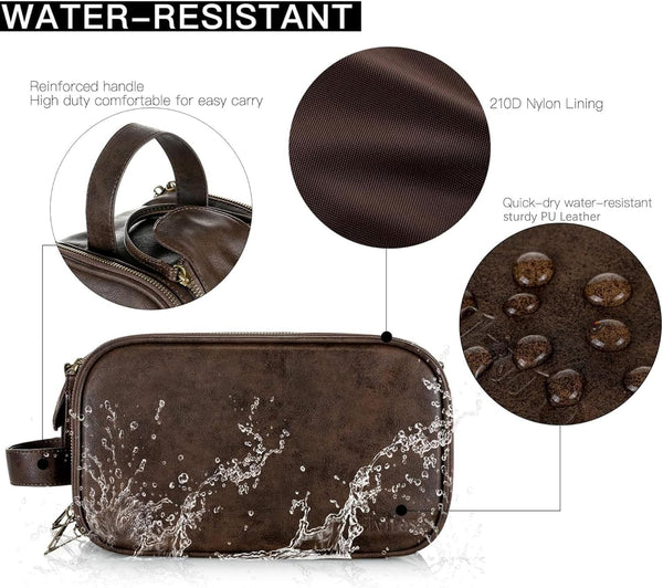 Elviros Toiletry Bag for Men PU Leather Shaving Dopp Kit (Large, Chocolate) | Water-Resistant Travel Organizer for Bathroom Toiletries, Grooming