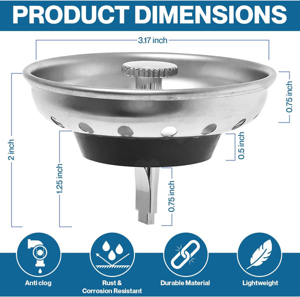 Kitchen Sink Drain Strainer 2 Pack of Stopper Combo Basket Replacement for 3-1/2 Inch Drain I Sink Drain Basket Stainless Steel Bathroom Sink
