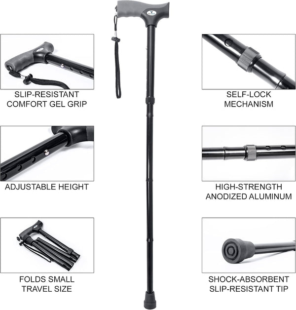 FSA/HSA Eligible, Vaunn Medical Easy Grip Height Adjustable Folding Cane/Walking Stick with Strap/Pouch- Compact, Portable, and Safe Walking