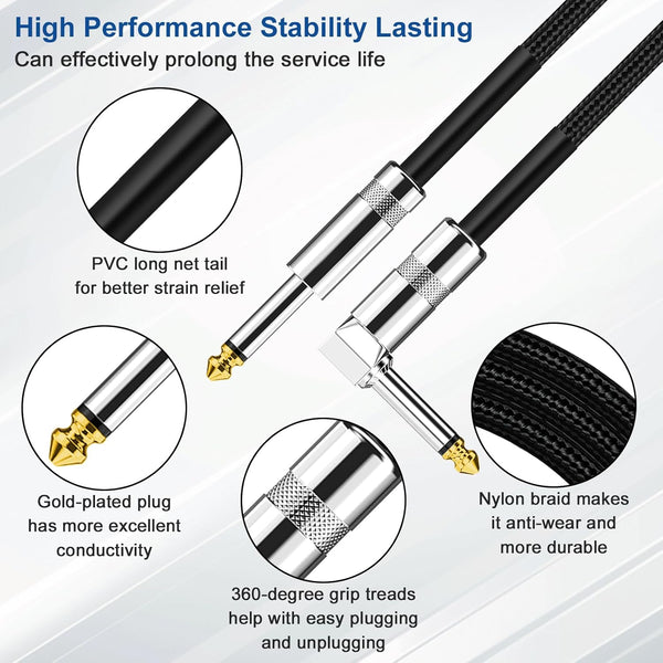 Guitar Cable, Guitar Cord 10Ft, AMP Cord for Bass & Electric Guitars/Keyboard/Mandolin, Pro Audio Instrument Cable (Right Angle to Straight, Black)