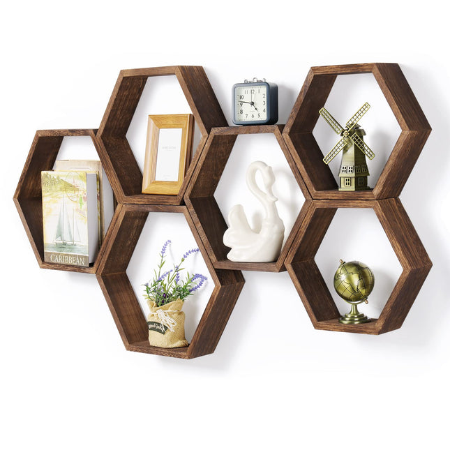 Hexagon Floating Shelves Set of 6 Farmhouse Honeycomb Wall Storage Shelf Wood Display Hexagonal Shelves Wall Mounted Han
