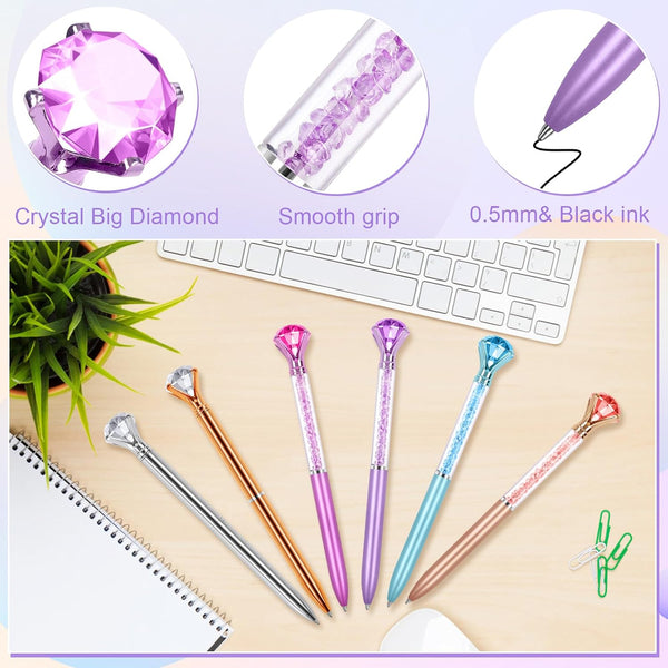 6 Diamond Pens with Crystal Top, Bulk with Black Ink Refill, for Office, School, Home