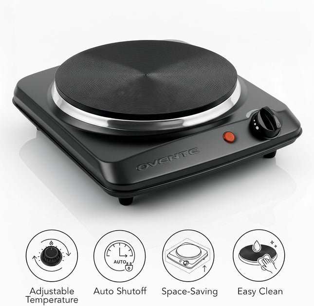 OVENTE Electric Countertop Single Burner, 1000W Cooktop with 7.25 Inch Cast Iron Hot Plate, 5 Level Temperature Control,