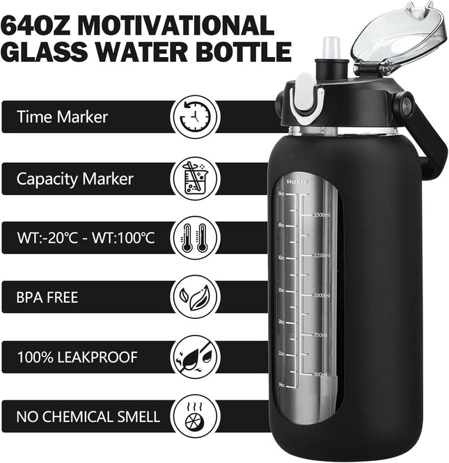 Kytffu 64Oz Glass Water Bottles with Straw, Half Gallon Motivational Glass Bottl