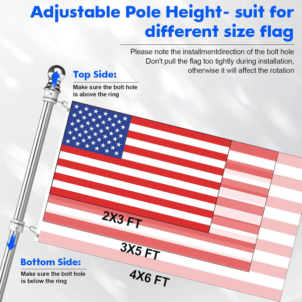 Anovo Flag Pole Kit- Stainless Steel 6 FT Flag Poles with1 Inch Metal 360° Rotating Flag Pole Rings Clip, Two-Position Flag Pole Holder Brackets