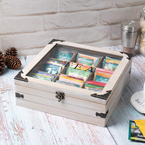 Gray 9 Compartment Rustic Tea Box Organizer for Tea Bags Coffee Pod | 9 compartment rustic gray tea box organizer holds tea bags coffee pods