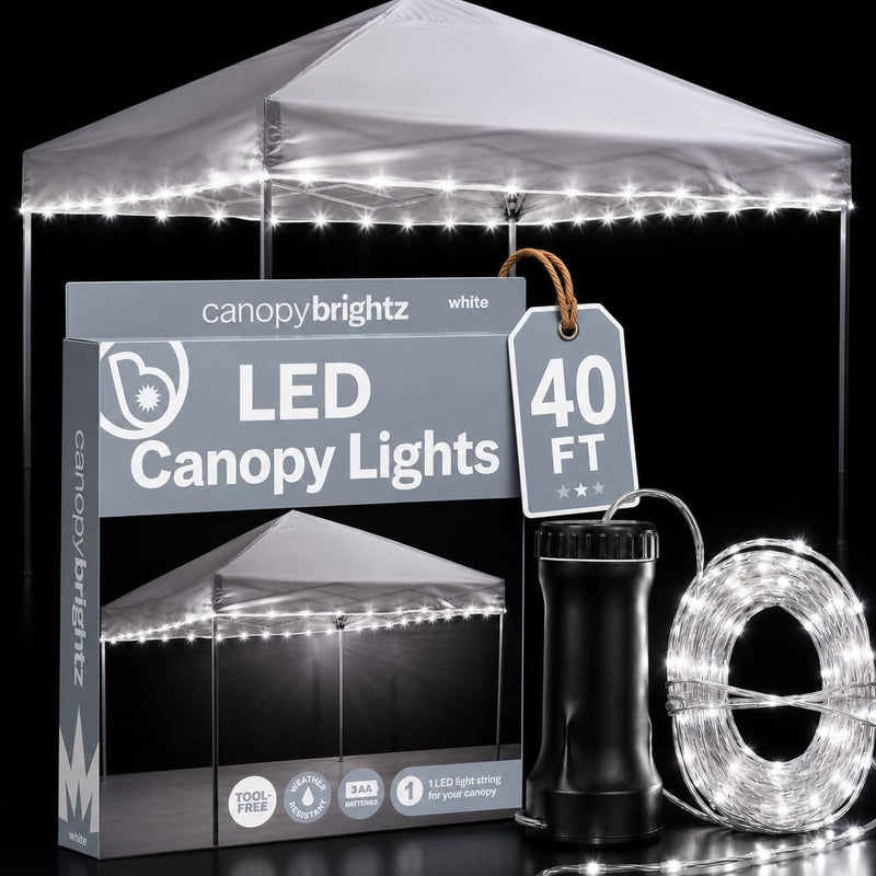 Brightz LED Canopy Lights, White - Outdoor Canopy Tent Lights for 10ft x 10ft Tents - Football Tailgate Essentials & Accessories - 40ft String Light