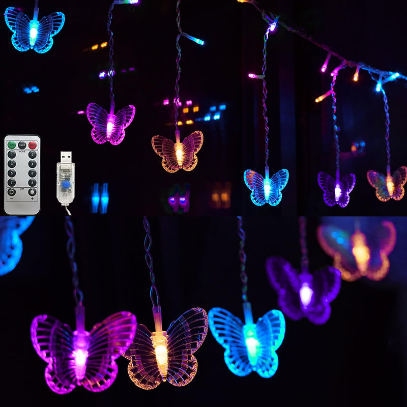 Butterfly Curtain Fairy Lights USB Plug In,8 Modes 120 LED 19.7FT Firefly Twinkle Timer String Lights with Remote, Waterproof Copper Wire for