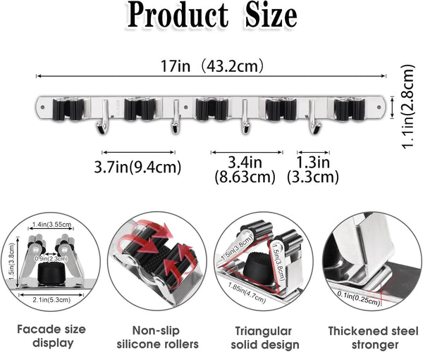 Acemining 5 Racks and 4 Hooks Mop and Broom Holder Wall Mount, Broom Organizer Storage Tool Racks Stainless Steel Heavy Duty Hooks Self Adhesive