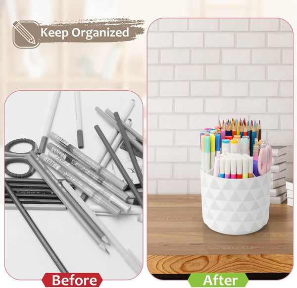 Desk Organizer, 360-Degree Rotating Pencil Pen Holders For Desk, Diamond Pattern Pen Organizer With 5 Compartments, Cute Desk Accessories Decor