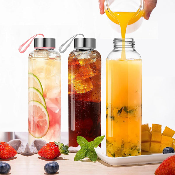 Glass Water Bottles Set of 3, 18 oz, Reusable Water Bottle with Lids, Juice Glass Bottles for Juicing, LeakProof, BPA Free, Container Bottle for