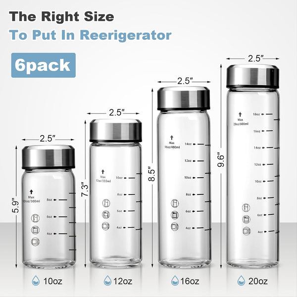 16oz Juice Bottles - 6 Pack Wide Mouth Glass Bottles with Lids- BPA Free, Stainless Steel Lids for Juicing, Smoothies, Infused Water, Beverage