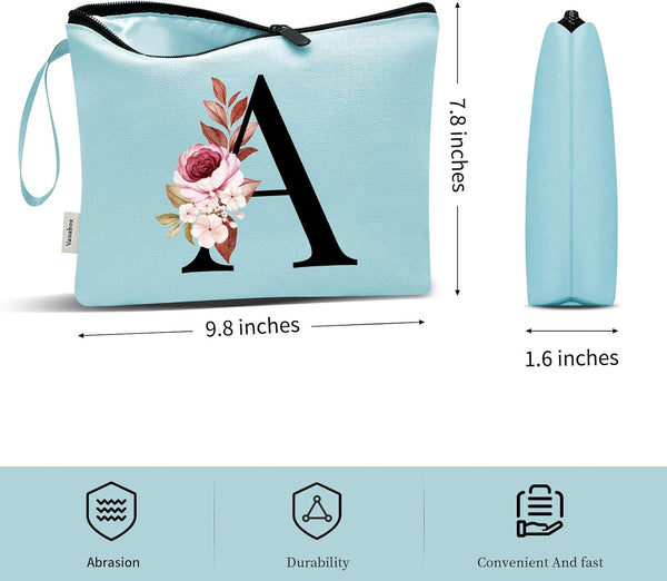 Vavabox A-Z Personalized Makeup Bag, Birthday Gifts for Women Mom, Gifts for Best Friend, Bride Bridesmaid Cosmetic bag (A, Aqua) Aqua A