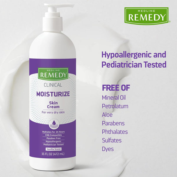 Medline Remedy Clinical Skin Cream, Vanilla Scent (16 fl oz), 2 Count, Moisturizing Face and Body Cream for All Ages, Paraben & Sulfate Free,