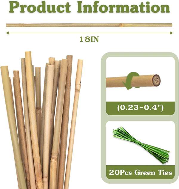 Plant Stakes 18inch, HAINANSTRY 20Pcs Natural Bamboo Sticks Garden Stakes 18 inches, 20 pack