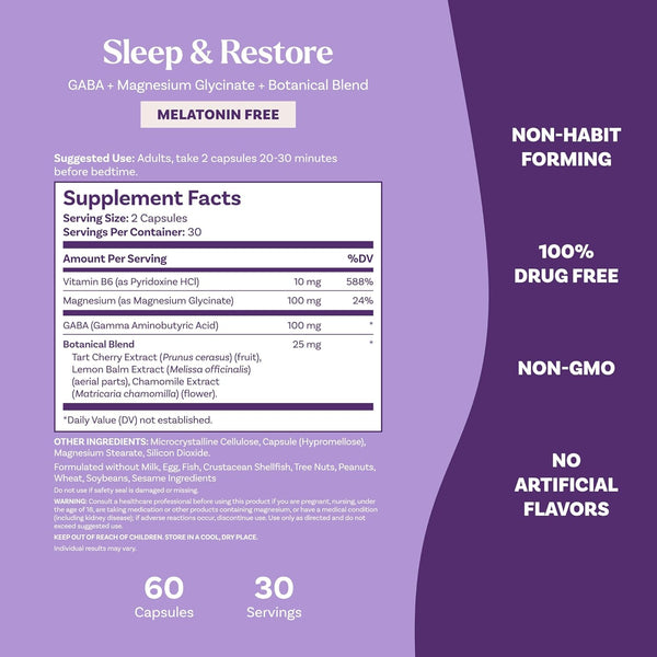 Natrol Sleep & Restore Capsules with Magnesium Glycinate 100Mg, GABA, Essential for Your Ultimate Restorative Sleep, Melatonin-Free, 30 Day Supply