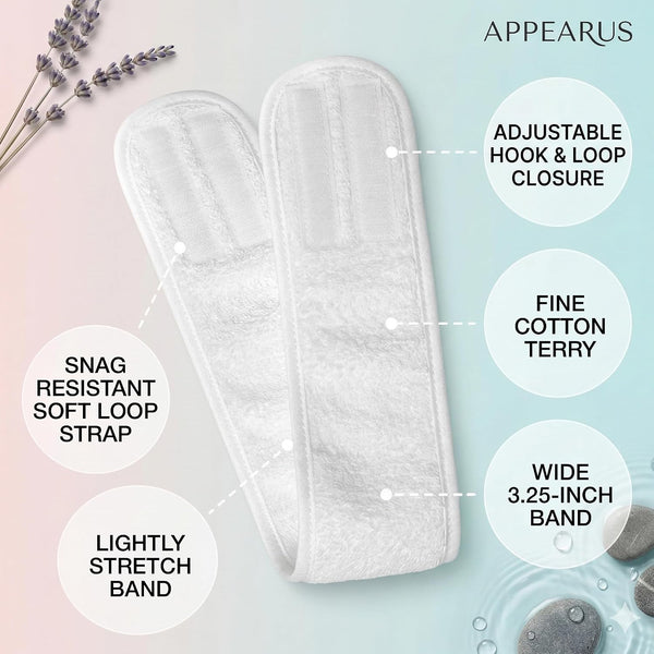 APPEARUS Cotton Terry Cloth Facial Headband 4 Pack White | Absorbent cotton terry with adjustable hook and loop band. Designed for estheticians,