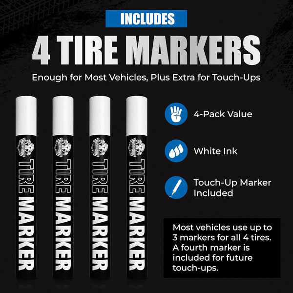 Pelto White Paint Tire Marker For Tire Lettering 4-Pack, Permanent Tire Pen | Permanent Tire Paint Pens with Weatherproof Ink Designed to Last on